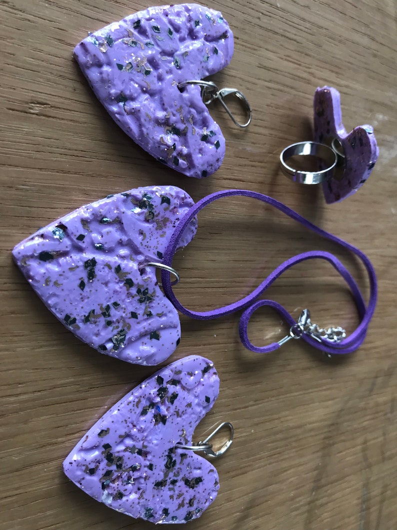 Pendientes de collar de 3 piezas anillo Corazones Fimo Polymer Pasta Violeta imagen 2