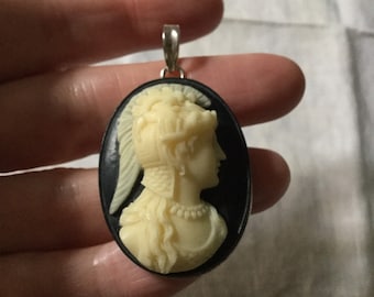 GREAT CAMEO BAKELITE Sterling Huge Vintage Pendant- Beautiful Design carved Cameo- Very Nice Elegant Sterling silver pendant-Vintage