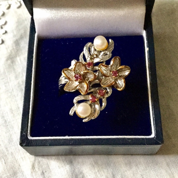 Espléndido anillo vintage GARNET PEARL STERLING- Oro rosa - Granate genuino- Perla natural- Joyería creadora única- Vintage francés