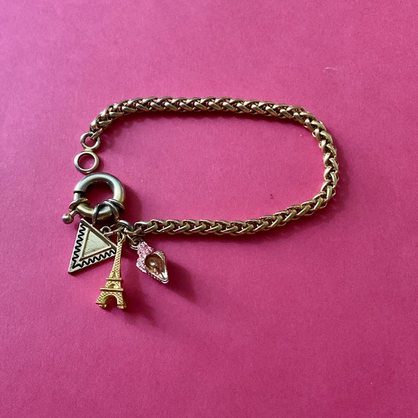 VINTAGE PARIS FRANCE Enamel Pink Cat Charm Bracelet- Famous Tour Eiffel- Gold Plated- - Stunning Designer Jewelry- from France