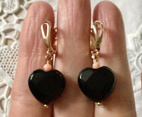 ONYX HEART Rose CORAL Gold Plated Vintage Earring… - image 5