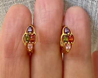 MULTICOLOR Stones Gold Plated Great Vintage Earrings- Original Design- Sparkly Amethyst Peridot Garnet - Elegant Jewel- from France