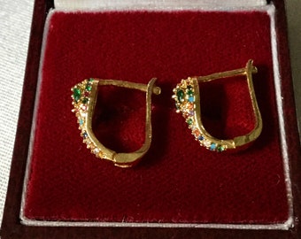 SNAKE EMERALD EYE Gold Plated Vintage Earrings- Very Original Design- Multicolors Rhinstones - Luxury Jewel from,France