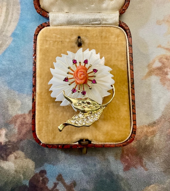 Elegant Gold and Coral Brooch VICTORIAN ELEGANT GOLD FILLED BROOCH W, NATURAL RED CORAL  main image 4
