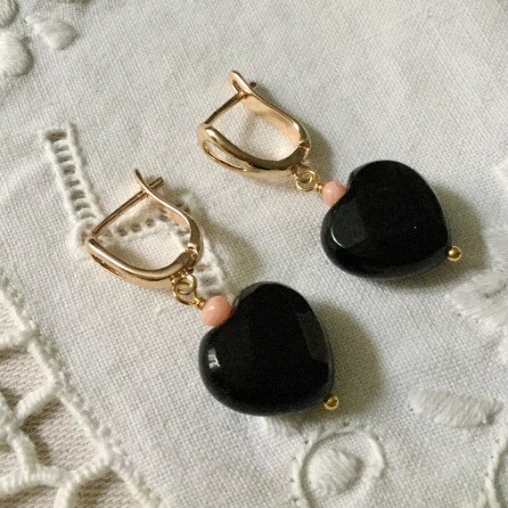 ONYX HEART Rose CORAL Gold Plated Vintage Earring… - image 3