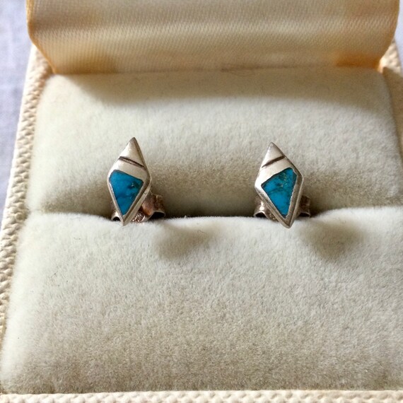 Boucles D'oreilles Anciennes Argent Massif Turquoise Design Moderne - Occasion