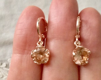 ROSE GOLD Plated CITRINE Vintage Earrings- Sublime Vintage Jewelry- Sparkly Yellow Citrine - Beautiful Rose Gold Earrings from France