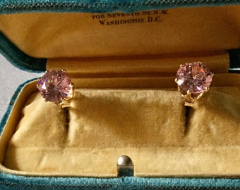 PINK TOPAZ Gold Plated Solitaire Vintage Earrings - Classic Elegant Design- Sparkly Stone- Splendid Vintage Earrings from France