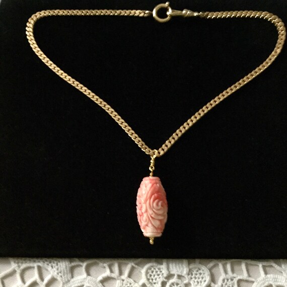 HUGE CARVED BAKELITE Coral Gold Plated Nice Chain… - image 3