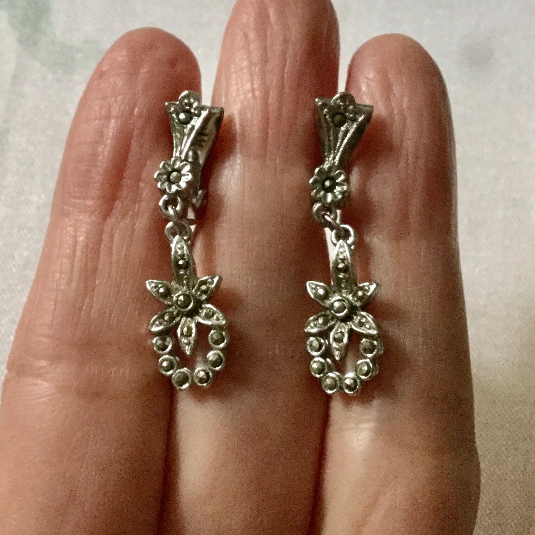 Ancienne Paire De Boucles D'oreilles à Clips REAL MARCASITE - Plaqué Rhodium - Angleterre