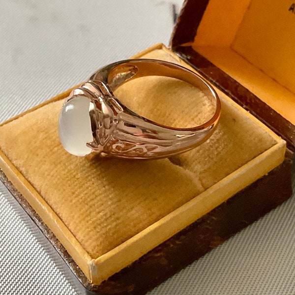 NATURAL MOONSTONE CABOCHON Rose Gold/Sterling Vintage Ring - 14K Vermeil Rose Gold-Vintage Design- Ring from France