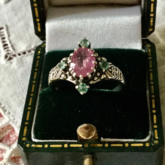 GENUINE RUBY EMERALD Carved Sterling Victorian Ri… - image 8