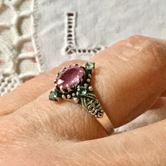 GENUINE RUBY EMERALD Carved Sterling Victorian Ri… - image 5