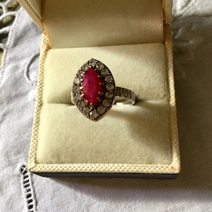 MARQUISE RUBY VERMEIL Sterling Vintage  Ring- Very Nice Sterling Design Ring- Sparkly White Topaz- Beautiful  Ruby- French  Vintage