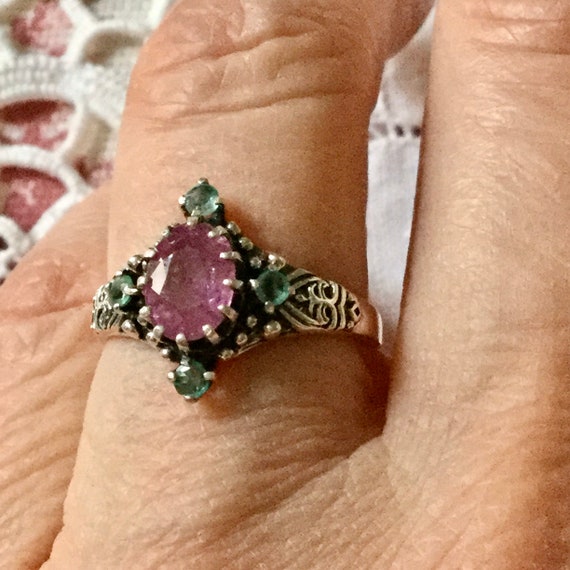 GENUINE RUBY EMERALD Carved Sterling Victorian Ri… - image 2