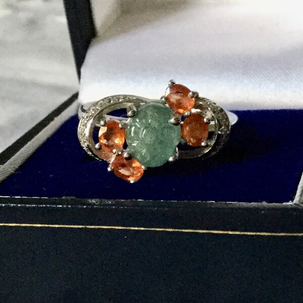 Natural CARVED AQUAMARINE Orange SAPPHIRE Vintage Vermeil Sterling & White Gold Ring - Unique Design - Us size 9 1/2 - Natural Stones