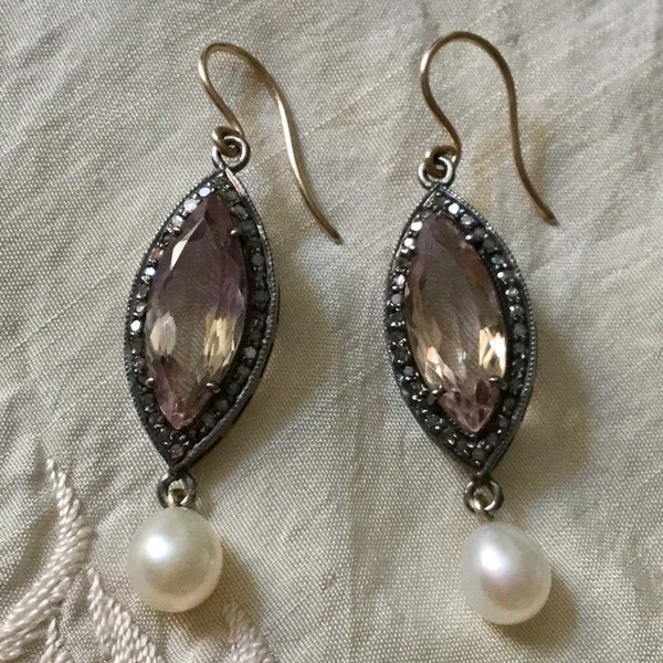 ANTIQUE AMETRINE DIAMOND Gold& Silver Marquise Earrings- Genuine Ametrine- Amethyst- Citrine- Old Cut Natural Diamond- Pearl