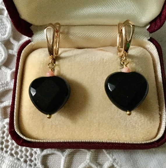 ONYX HEART Rose CORAL Gold Plated Vintage Earring… - image 4