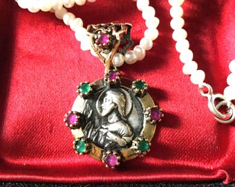 Emerald, Ruby, Genuine Pearl Sterling Vintage Necklace- Nice Gemstones - Original Unique Design- Haute Couture-French Vintage