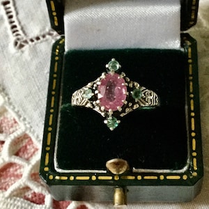 GENUINE RUBY EMERALD Carved Sterling Victorian  Ring- Stunning Genuine Ruby & Colombian Emerald- Vintage Jewel from France