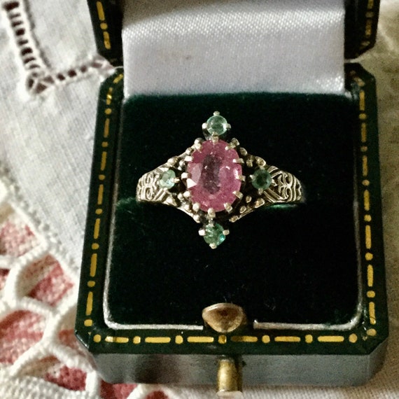 GENUINE RUBY EMERALD Carved Sterling Victorian Ri… - image 1