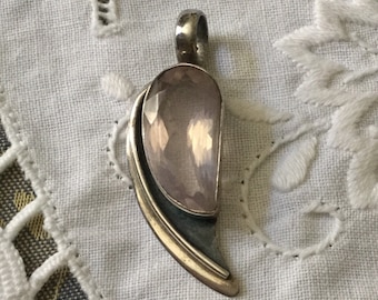 GENUINE ROSE QUARTZ Sterling Huge Design Vintage Pendant- French Vintage Haute Coutrue Jewel- Beautiful Natural Stunning Stone