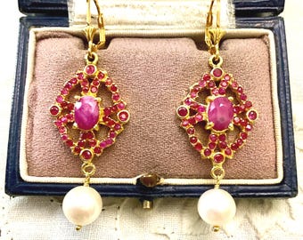 Vintage GENUINE RUBY PEARL Gold & Sterling Earrings- Nice Natural Ruby - Genuine Pearl-Sterling Vermeil-Luxury Jewel from France