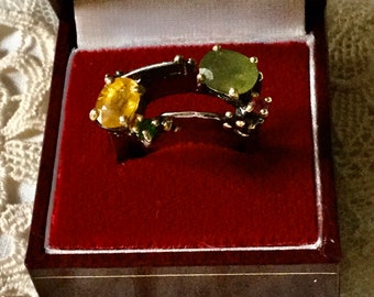 GENUINE Yellow & Green SAPPHIRE Sterling Vintage Ring - Exceptional Unique Vintage Designer Jewelry- Creator Ring from France