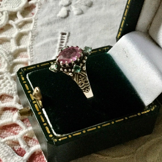 GENUINE RUBY EMERALD Carved Sterling Victorian Ri… - image 9