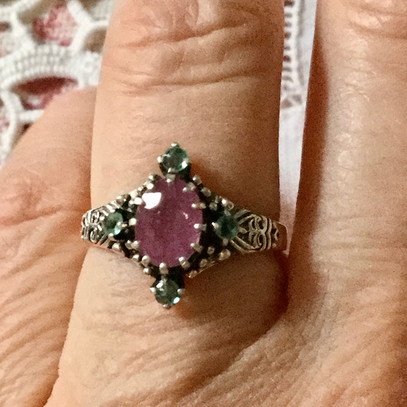 GENUINE RUBY EMERALD Carved Sterling Victorian Ri… - image 7
