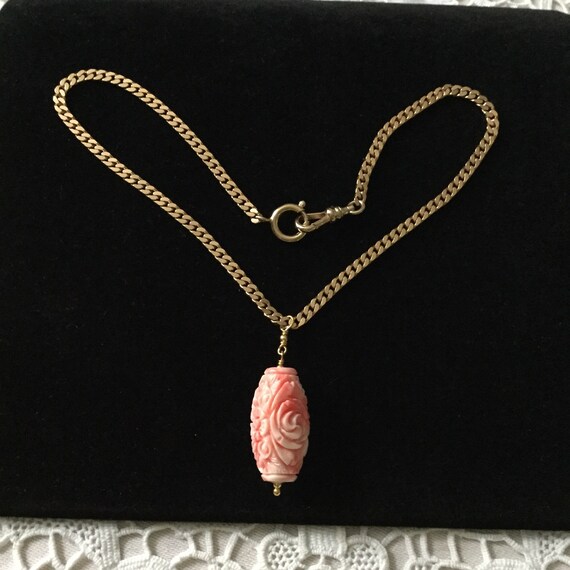 HUGE CARVED BAKELITE Coral Gold Plated Nice Chain… - image 5