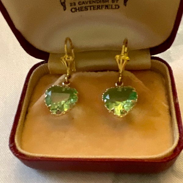 PERIDOT Green CRYSTAL HEART Gold Plated Vintage Earrings- gold plated- Sparkly Faceted Crystal- Vintage Jewel from France