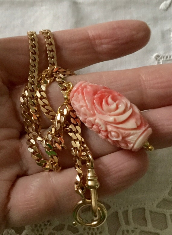 HUGE CARVED BAKELITE Coral Gold Plated Nice Chain… - image 1