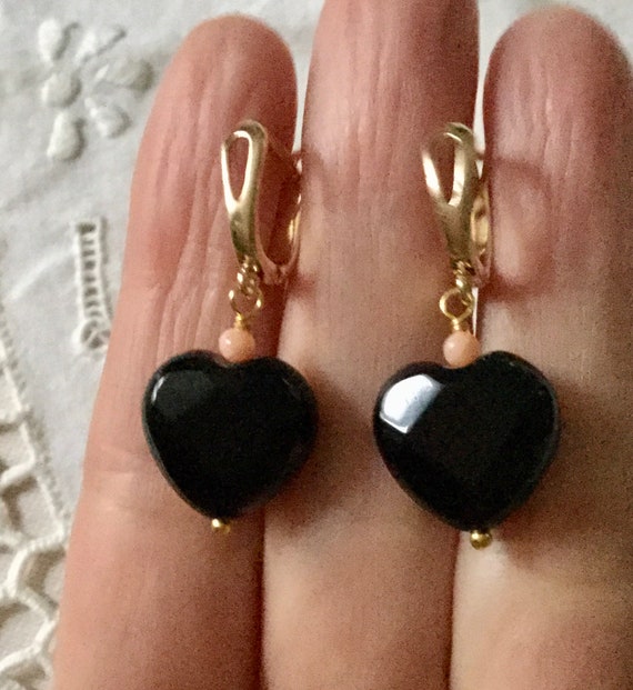 ONYX HEART Rose CORAL Gold Plated Vintage Earring… - image 1