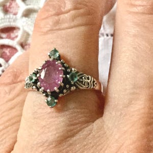 GENUINE RUBY EMERALD Carved Sterling Victorian  Ring- Stunning Genuine Ruby & Colombian Emerald- Vintage Jewel from France
