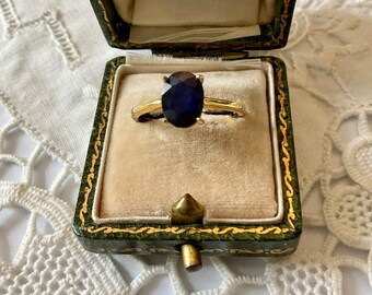 SOLITAIRE BLUE SAPPHIRE 14K Gold / Sterling Vintage  Ring- Nice Genuine Sapphire - Elegant Vintage Design Ring - Luxury Jewel from France