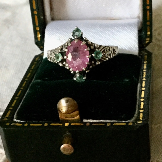 GENUINE RUBY EMERALD Carved Sterling Victorian Ri… - image 3