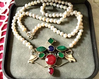 UNIQUE VINTAGE DESIGNER Emerald, Ruby, Sapphire, Pearl Sterling Necklace- Genuine Gemstones - Original Design- Haute Couture- Natural Pearl