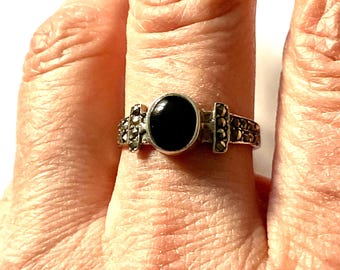 Art Deco ONYX MARCASITE Sterling Ring- Beautiful Art Deco Vintage Ring- Genuine Marcasite- Art deco RING from France