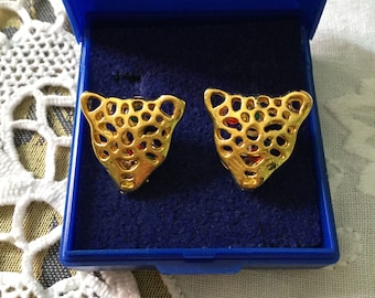 PANTHERE CARVED Gold Plated Vintage Earrings - Splendid Design- MULTICOLORS stones- from France