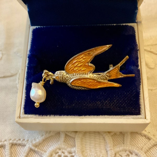 c1900 Bird ORIGINAL ANTIK Enamel Genuine Baroque Pearl BROOCH- Art Nouveau Design-- Vintage Authentic Jewel - from France