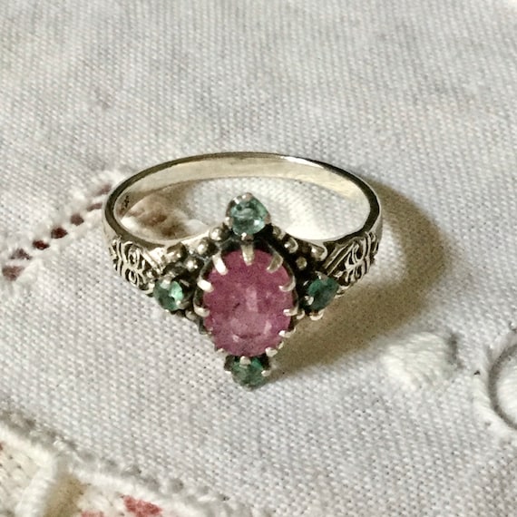 GENUINE RUBY EMERALD Carved Sterling Victorian Ri… - image 6