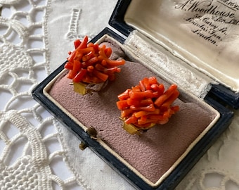 FRANCE c1930 GENUINE CORAL Haute Couture Luxury Clips Earrings- Original Art Deco Design - Authentic Design Gold plated from France