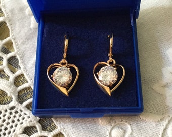 ROSE GOLD Plated White TOPAZ Vintage Earrings- Sublime Vintage Heat Jewelry- Sparkly Topaz- Beautoful Rose Gold Earrings from France