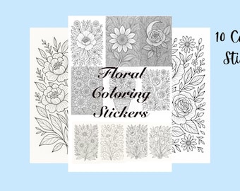 Floral Mini Coloring Stickers – 10 Pack 4x6 Black & White Designs for Journals, Planners or Relaxing Self Care