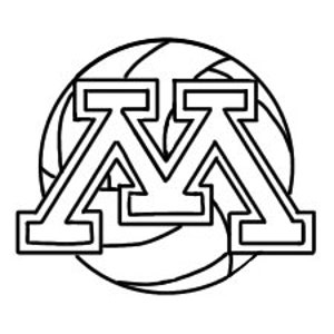 May include: Black and white line art of the letter "M" in a block letter style, superimposed over a stylized volleyball. The design is a simple outline, suitable for coloring or use as a graphic element.