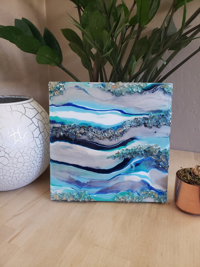 Geode Painting 8x8 Wood Canvas Blue Geode Texturized Etsy
