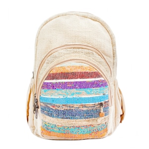 May include: A beige hemp backpack with a colorful striped fabric panel on the front. The panel features a variety of colors, including red, purple, blue, and yellow.