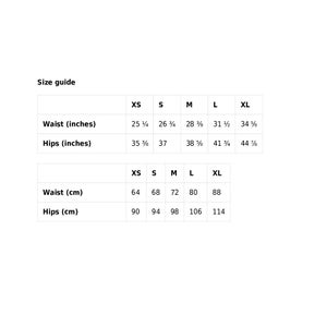 Puede incluir: Tabla de tallas para ropa con medidas en pulgadas y cent&iacute;metros. La tabla muestra las tallas XS, S, M, L y XL con las medidas de cintura y cadera correspondientes.