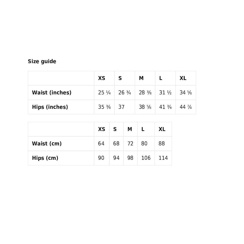 Puede incluir: Tabla de tallas para ropa con medidas en pulgadas y cent&iacute;metros. La tabla muestra las tallas XS, S, M, L y XL con las medidas de cintura y cadera correspondientes.